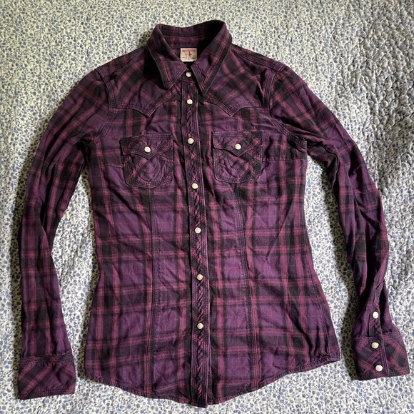 TRUE RELIGION Western Pearl Snap Purple Plaid Size W Small - Picture 3 of 13